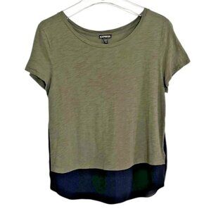 Express Two Tone High Low Hem Short Sleeve Tee Top Olive Black Size M